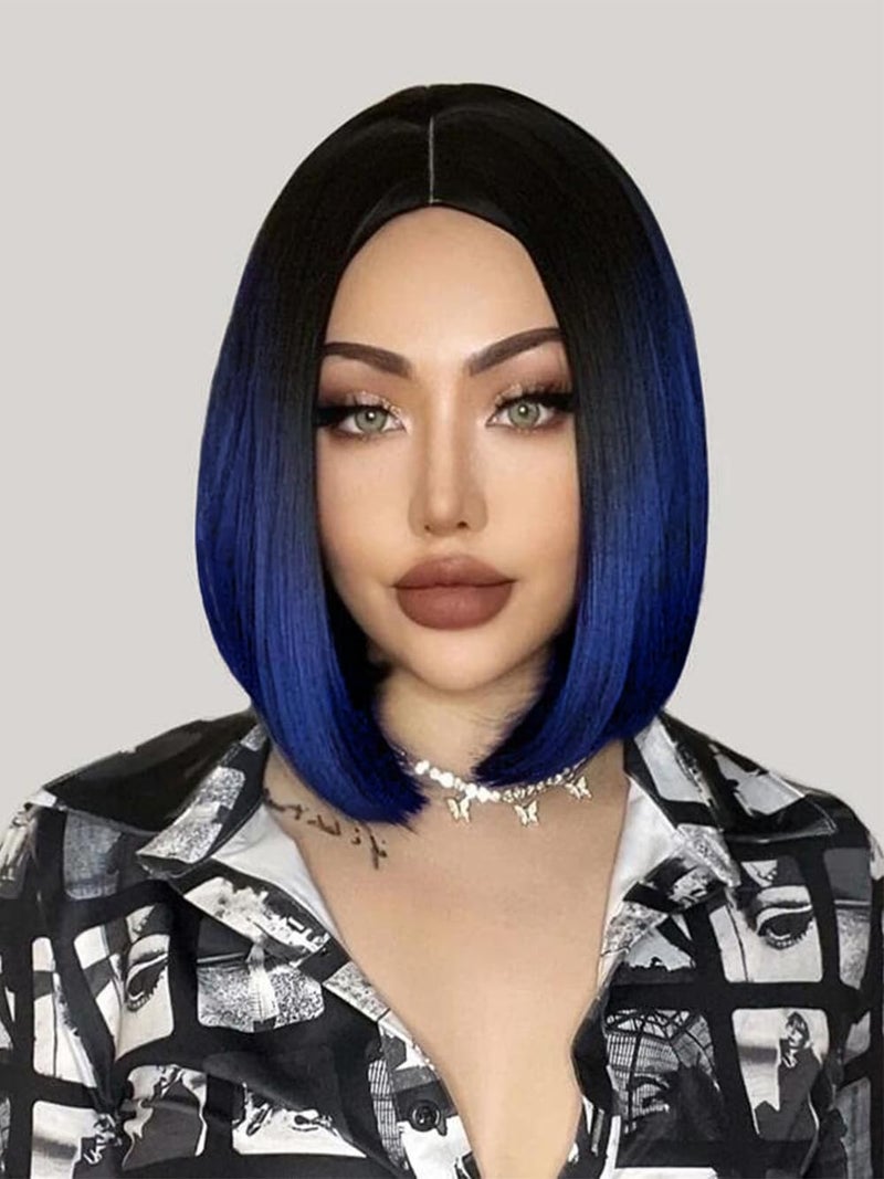 quickwig Quick Wig Short Bob Wig Ombre Wig Black to Blue Side Part Cosplay Party Wig 14 inches Bowl Cut Wig Heat Resistant Fiber Synthetic Wigs for Women Sapphire Blue - Image 3